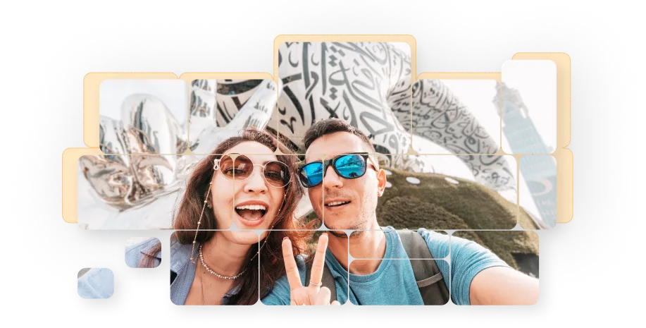 Happy travelers taking selfie in front of Dubai landmarks