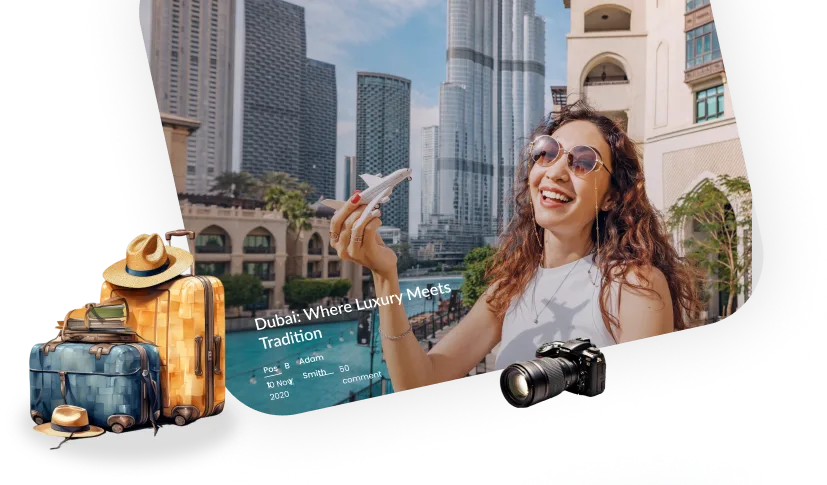 Woman traveler with luggage and camera in Dubai