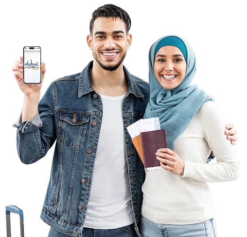 Happy couple with passport and smartphone